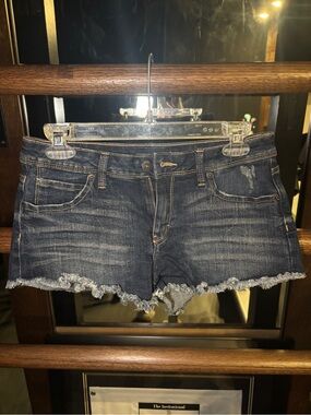 Just USA Dark Blue Distressed Frayed Hem Denim Shorts